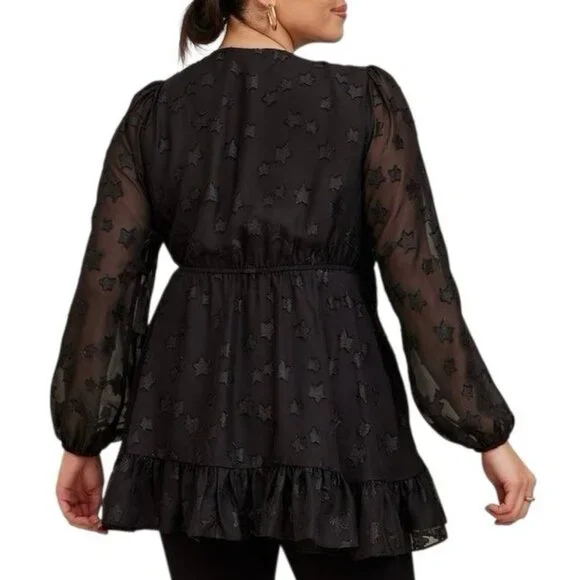 Torrid 2 Top Lurex Star Surplice Ruffle Hem Black Plus Size 2X V Neck Long Slv - Picture 2 of 14